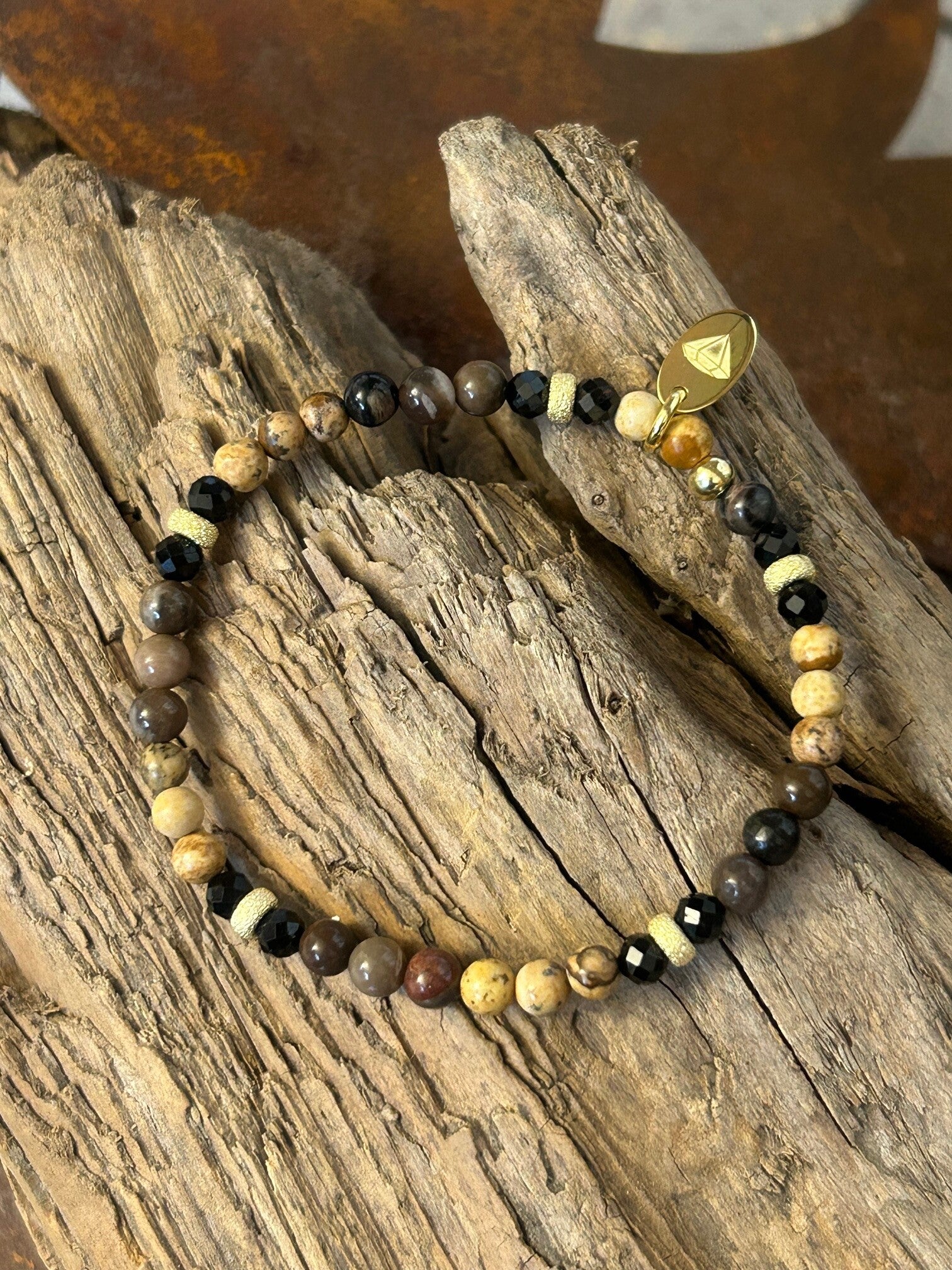 Armband - Landschaftsjaspis, Turmalin schwarz & Versteinertes Holz (A766)