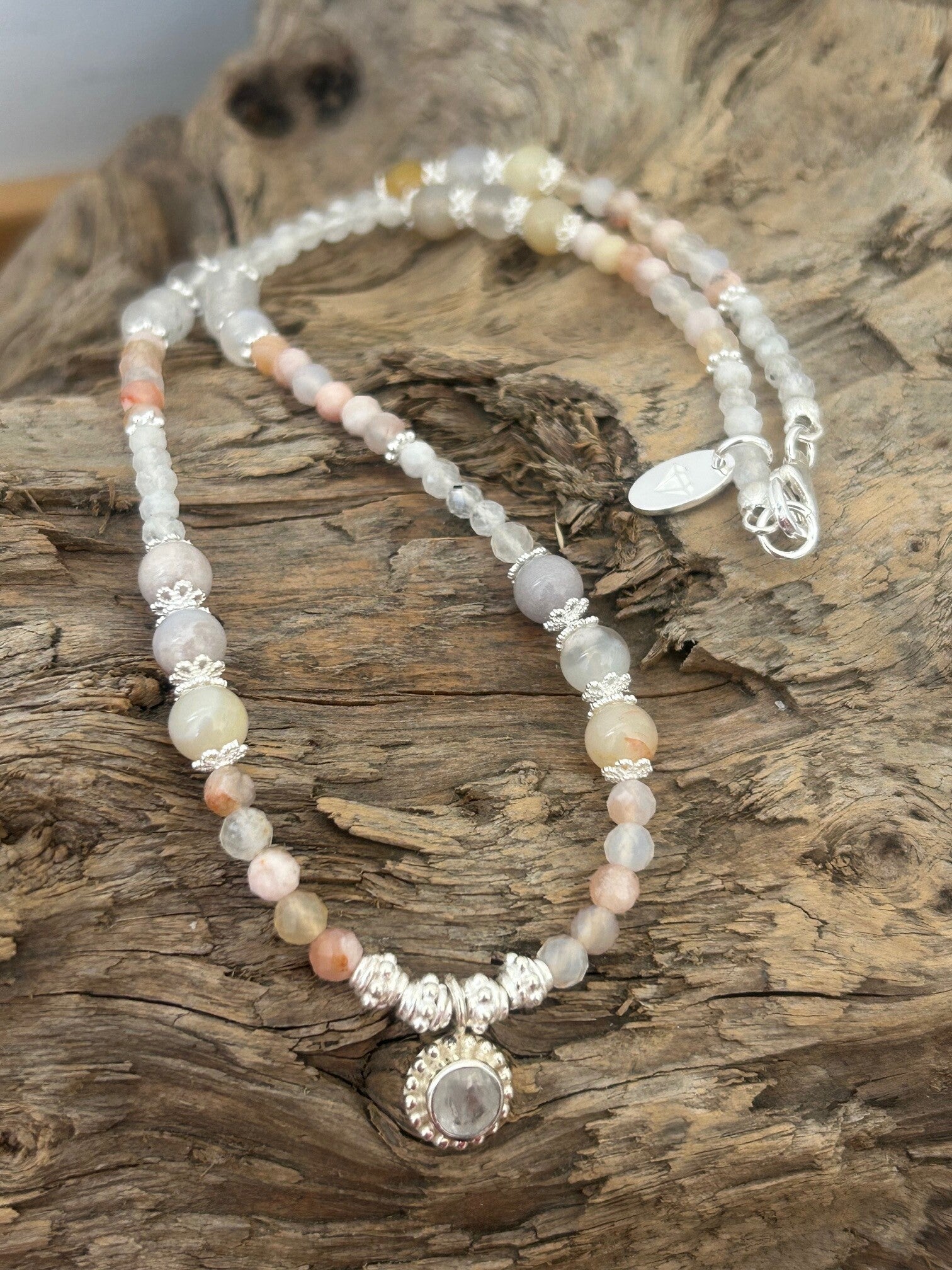 Halskette - Kirschblütenachat & Mondstein Regenbogen (H494)