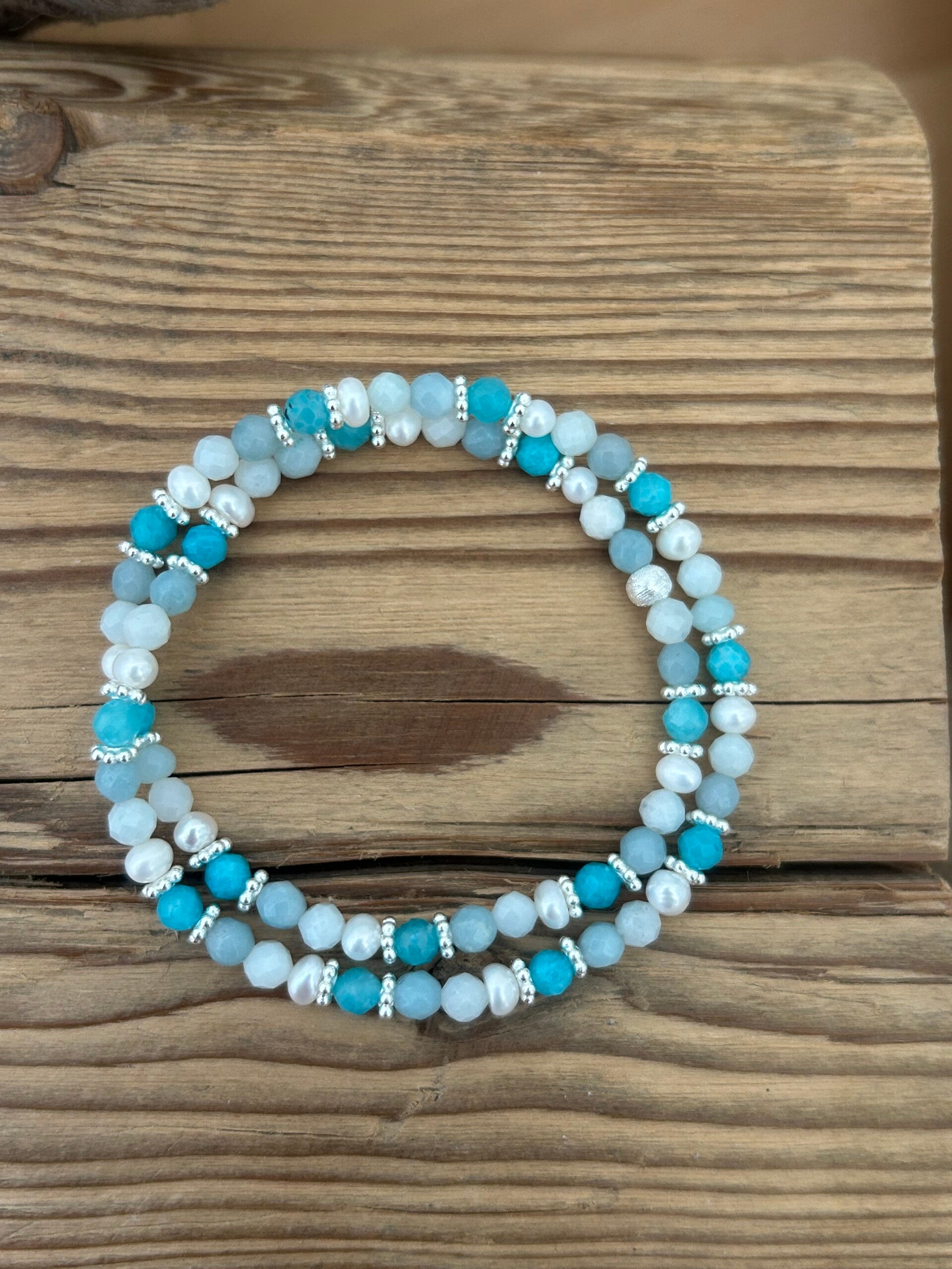 Wickelarmband (2-fach) - Amazonit & Süsswasserperle (A714)