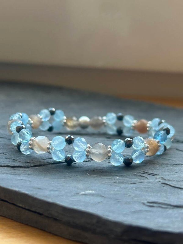 Armband - Aquamarin, Hämatit & Mondstein bunt (A837)