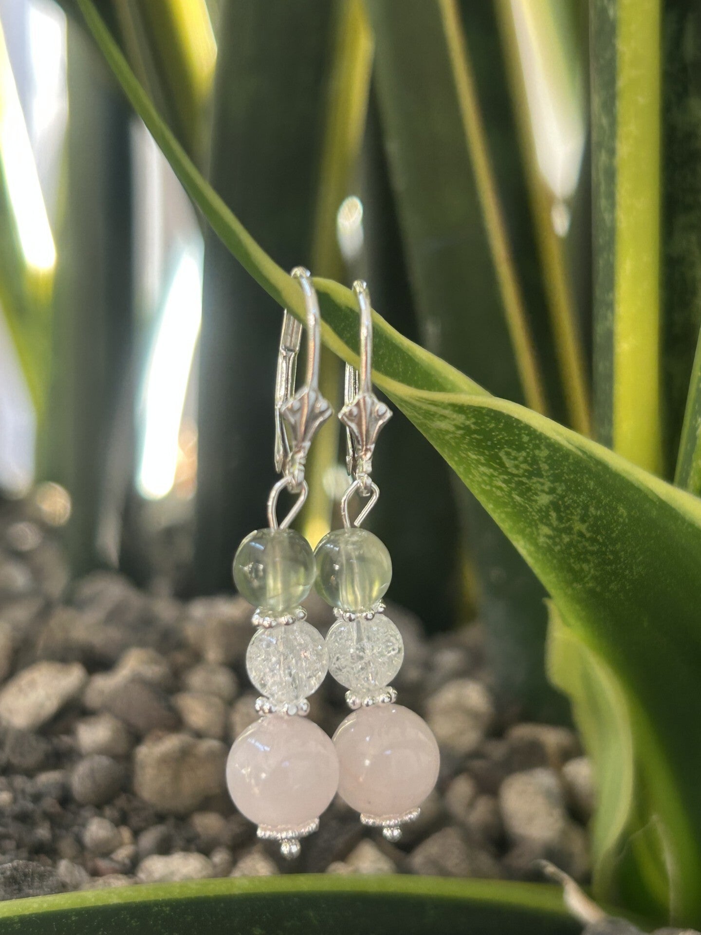 Ohrringe - Bergkristall, Prehnit & Rosenquarz (O474)