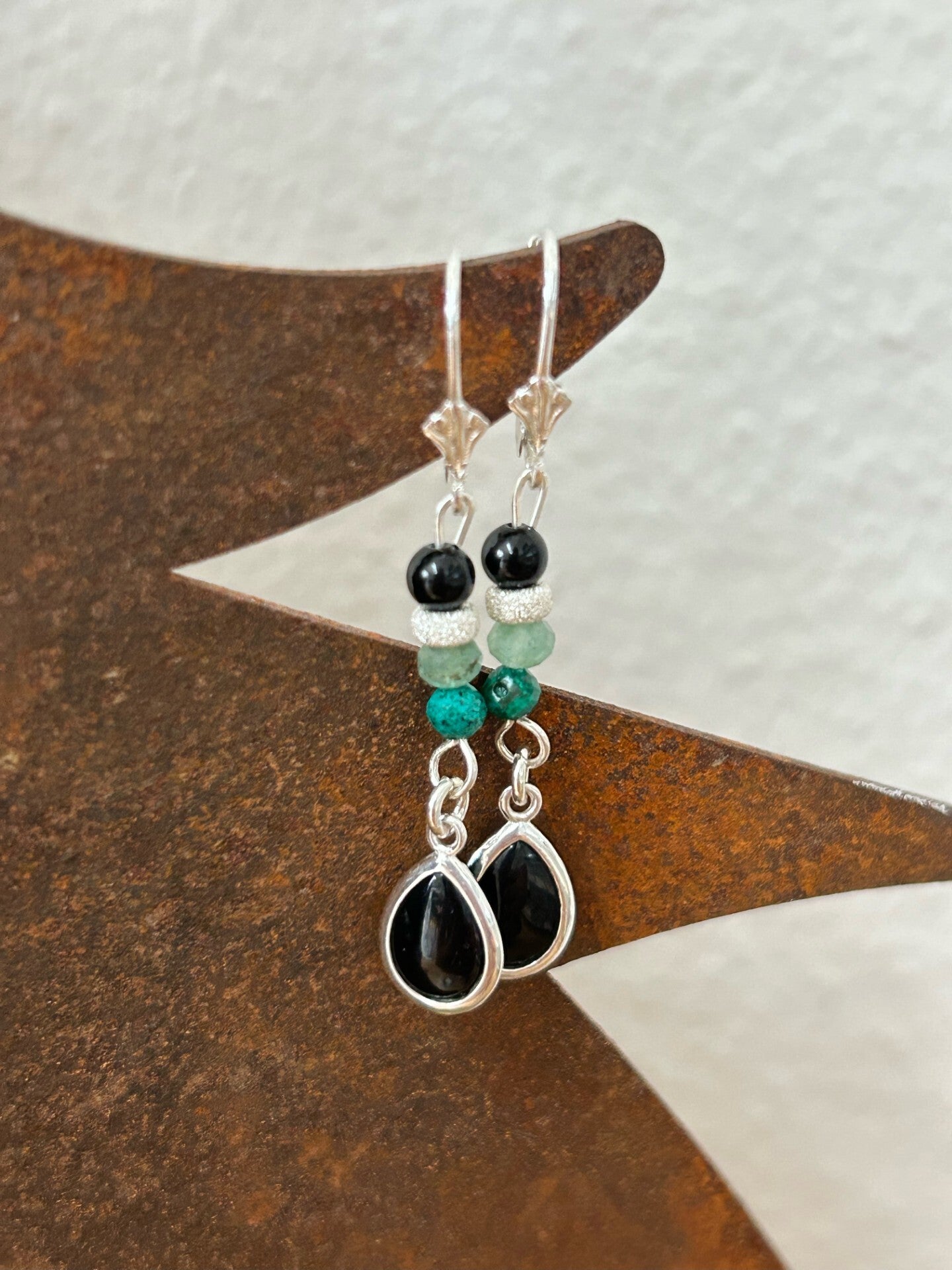 Ohrringe - Turmalin schwarz (Schörl), Chrysokoll, Aventurin-Quarz grün (O420)