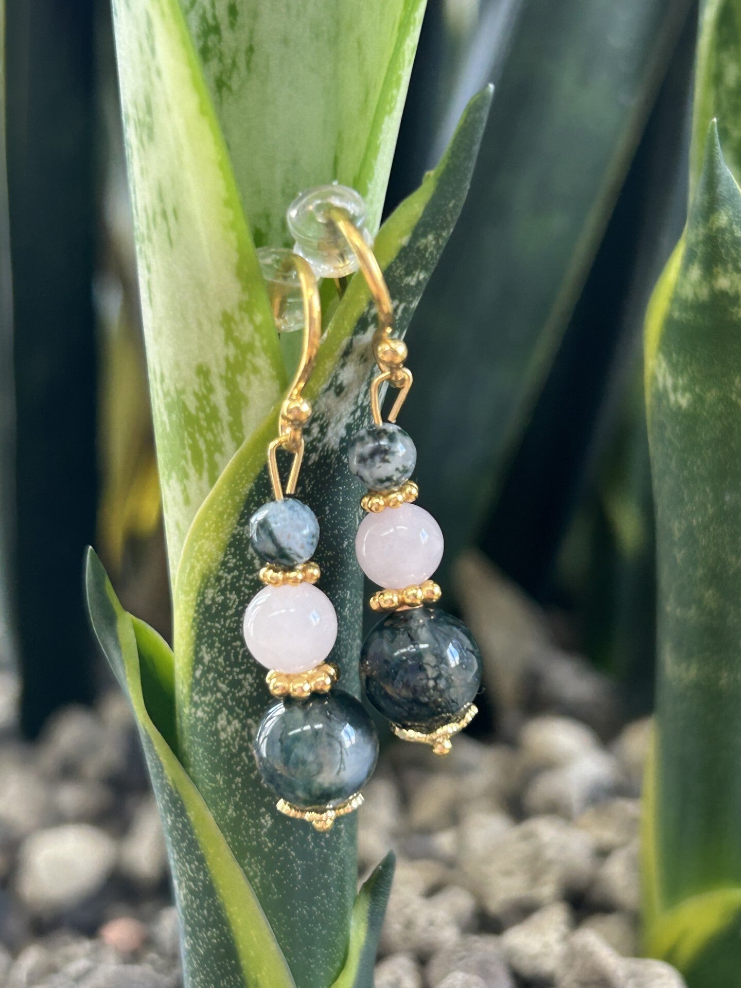 Ohrringe - Moosachat & Rosenquarz (O445)