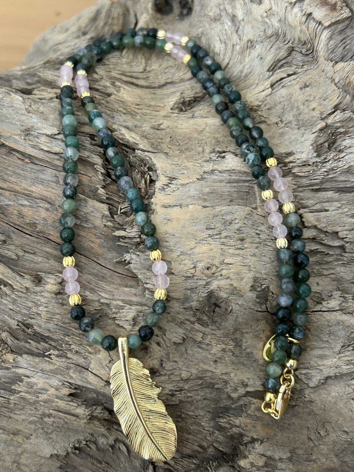 Halskette - Moosachat & Rosenquarz (H400)