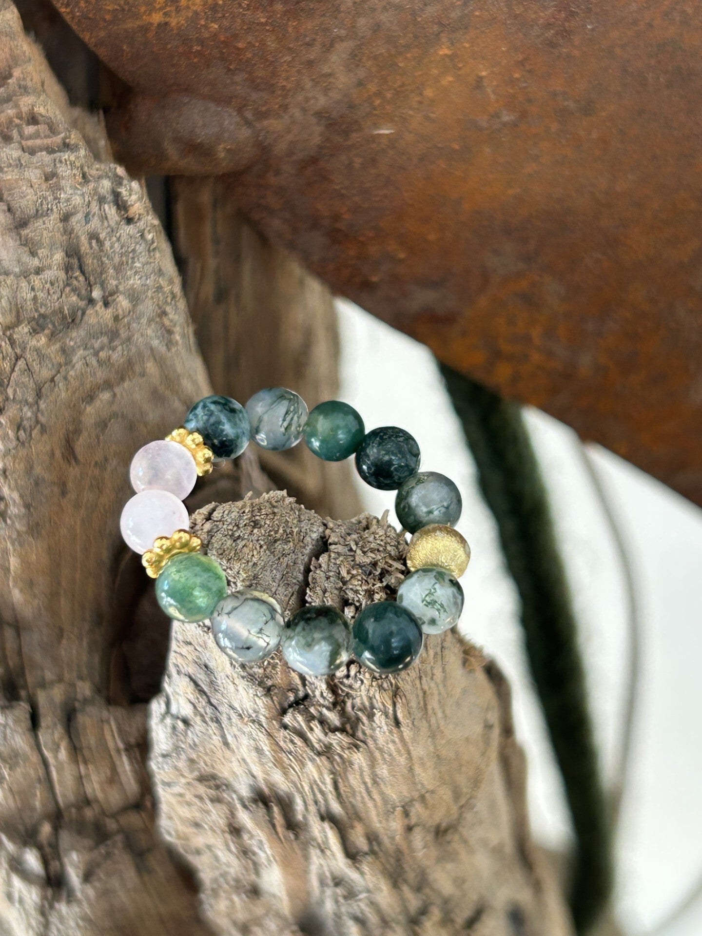 Fingerring - Moosachat & Rosenquarz (R064)