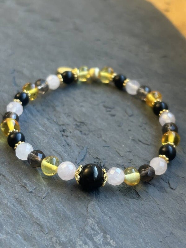 Armband - Bernstein, Gagat, Rauchquarz & Rosenquarz (A796)