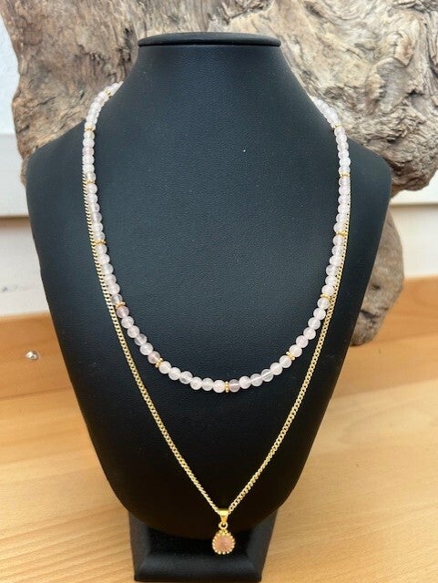 Halskette (Doppelkette) - Rosenquarz (H493)