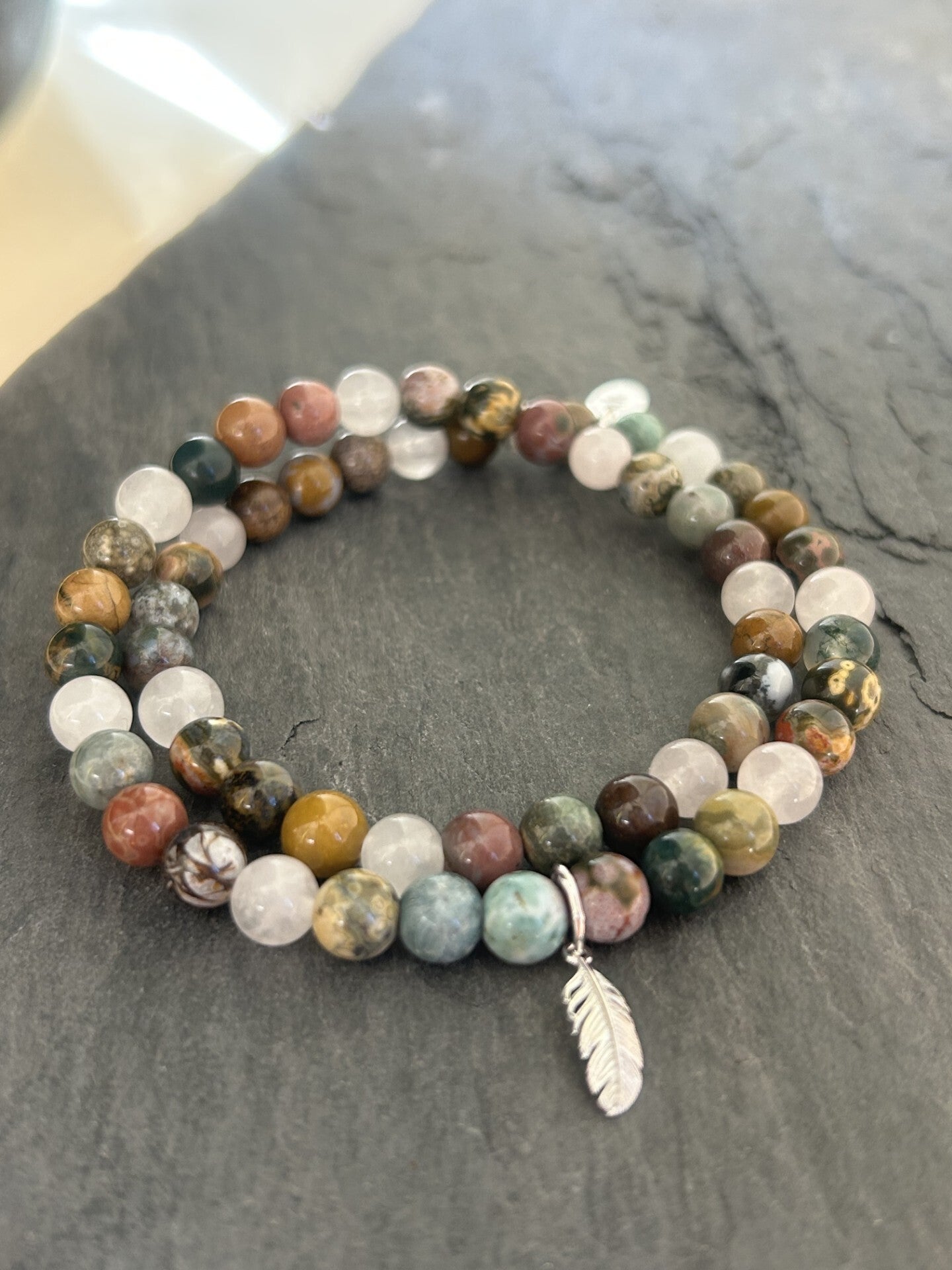 Armband (2-fach) - Ozean-Achat & Rosenquarz (A646)