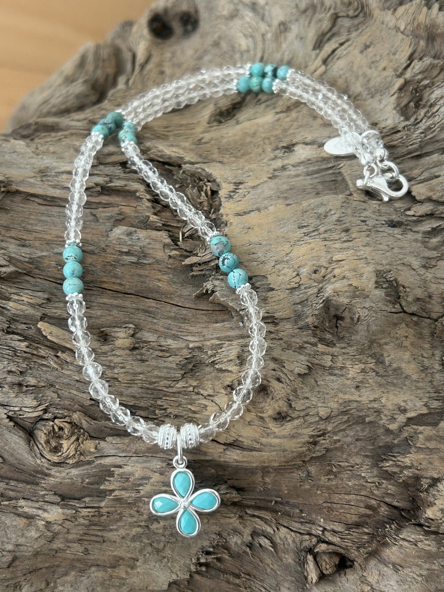 Halskette - Bergkristall & Türkis (H477)