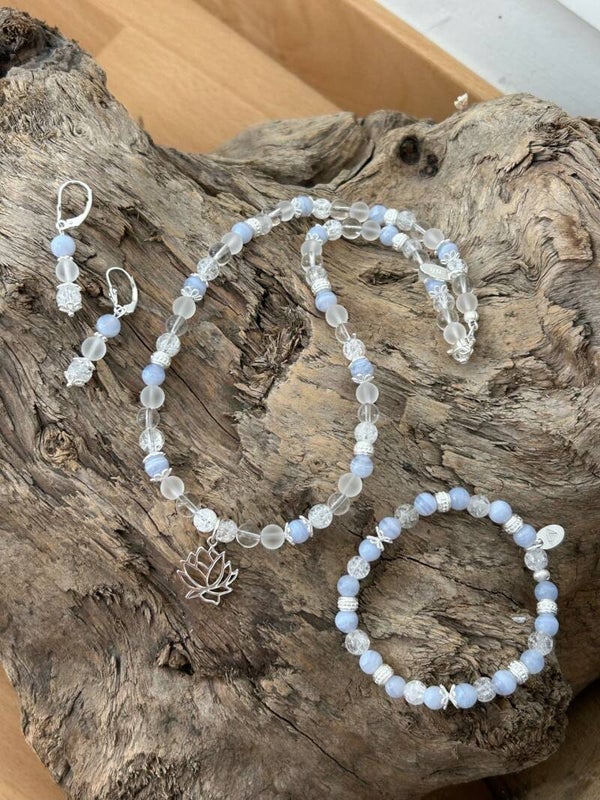 Heilstein-Schmuck - Set - Chalcedon blau & Bergkristall (S344)