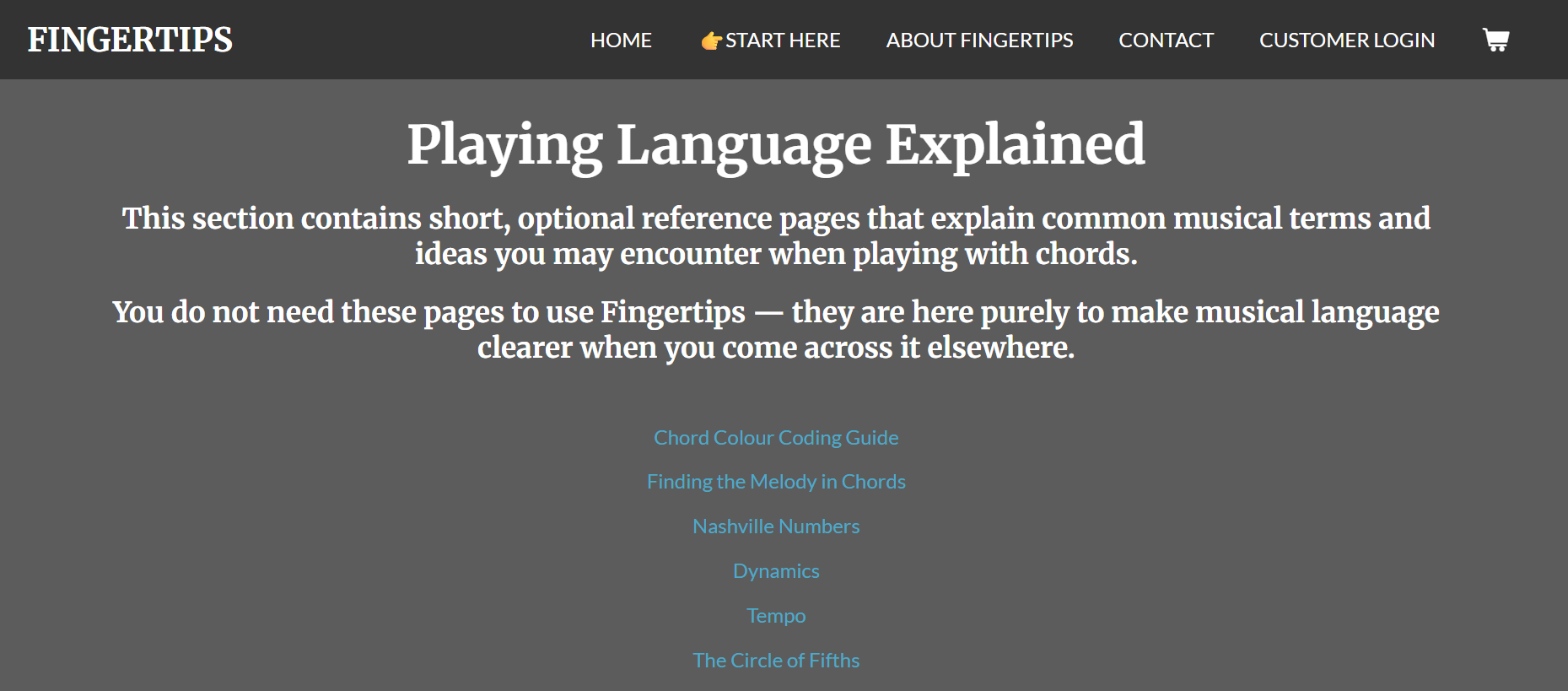 Fingertips Playing Language Explained section listing reference topics such as chord colour coding, Nashville numbers and tempo.