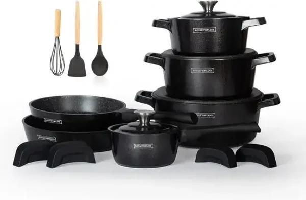 Set di Pentole in Marmo Nero - 14 Pezzi per Cucinare con Stile
