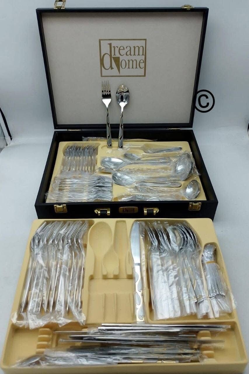 NUOVO SET VALIGETTA 72 PEZZI IN ACCIAIO 18/10  IN VARI DISEGNI PLACCATI IN ORO