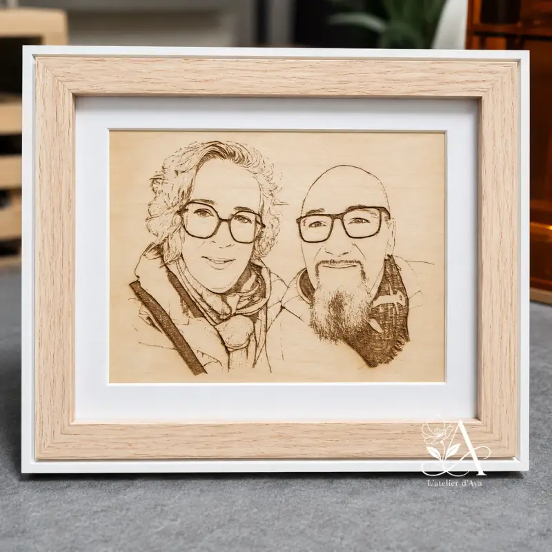 Portrait couple, gravure sur bois dans cadre 