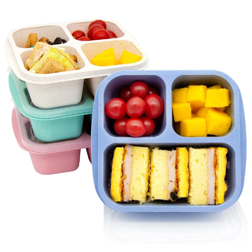 Colorful 4-pack Bento lunch boxes with multiple compartments for meal prep and snacks, perfect for kids and adults.
