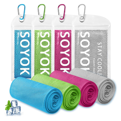 Set of four microfiber cooling towels with waterproof bags and carabiners, ideal for summer travel, workouts, and staying cool on the go.