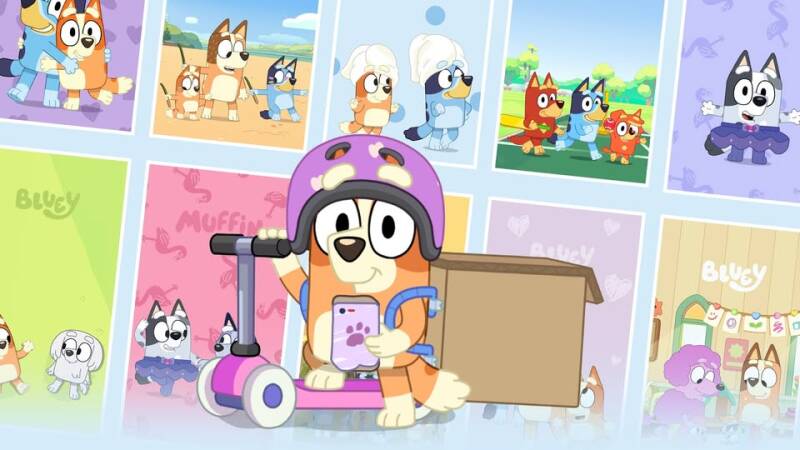Bluey and Bingo featured in a cheerful digital wallpaper scene from the official Bluey website, with colorful backgrounds and playful poses.