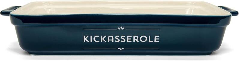 Empty Kickassorole ceramic casserole dish showing smooth white interior and bold lettering on the side.