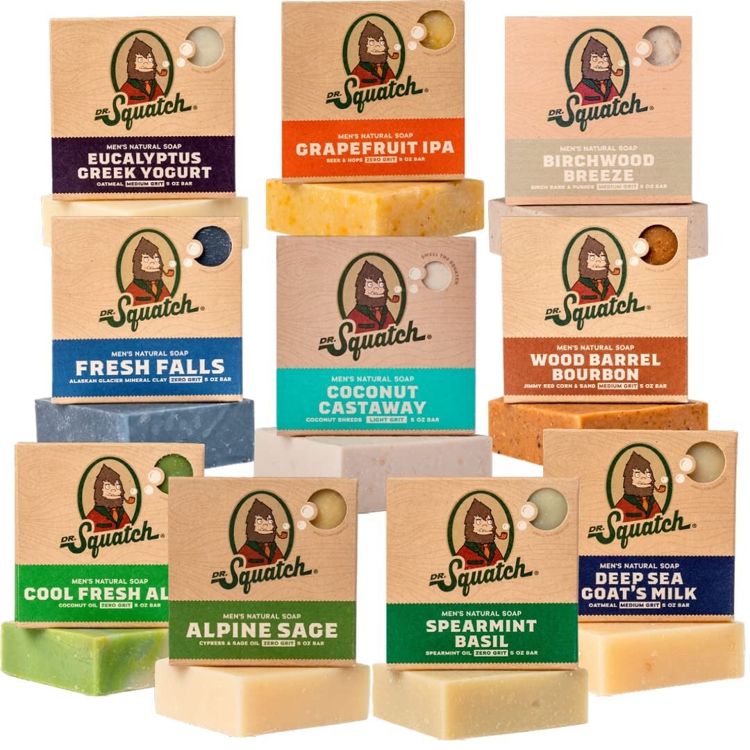 Dr. Squatch Natural Bar Soap for Men Variety Pack – 10-Pack with scents like Coconut Castaway, Wood Barrel Bourbon, Fresh Falls, Birchwood Breeze, and Cool Fresh Aloe