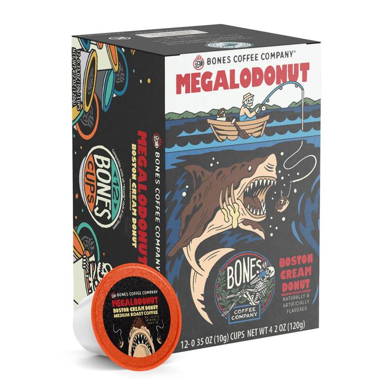 Bones Coffee Company Megalodonut – Boston Cream Donut Flavored Coffee Kcups Package