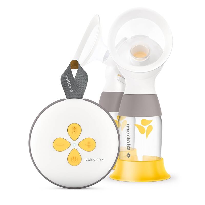  Medela Swing Maxi Double Electric Breast Pump shown on a clean white background, featuring a portable motor unit, two connected bottles, and comfortable breast shields—designed for convenient, hands-free pumping.