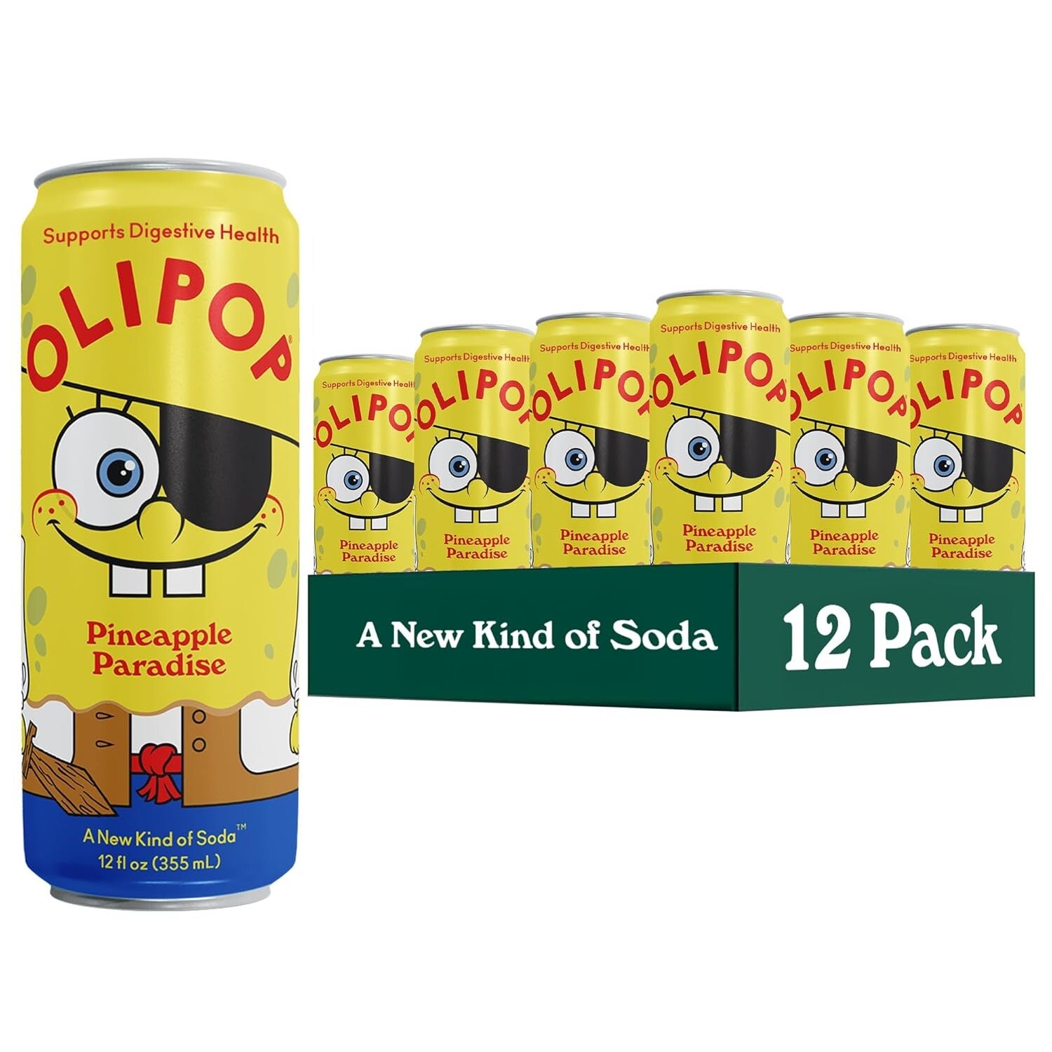 OLIPOP SpongeBob Pineapple Paradise Prebiotic Soda can with tropical pineapple design, prebiotic sparkling tonic