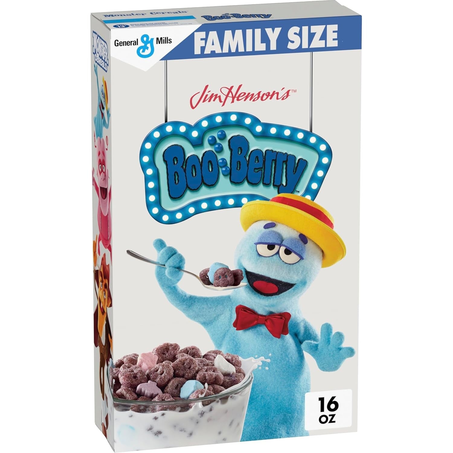 Puppet-style Count Chocula, Boo Berry, and Franken Berry cereal boxes in plush, fuzzy packaging.