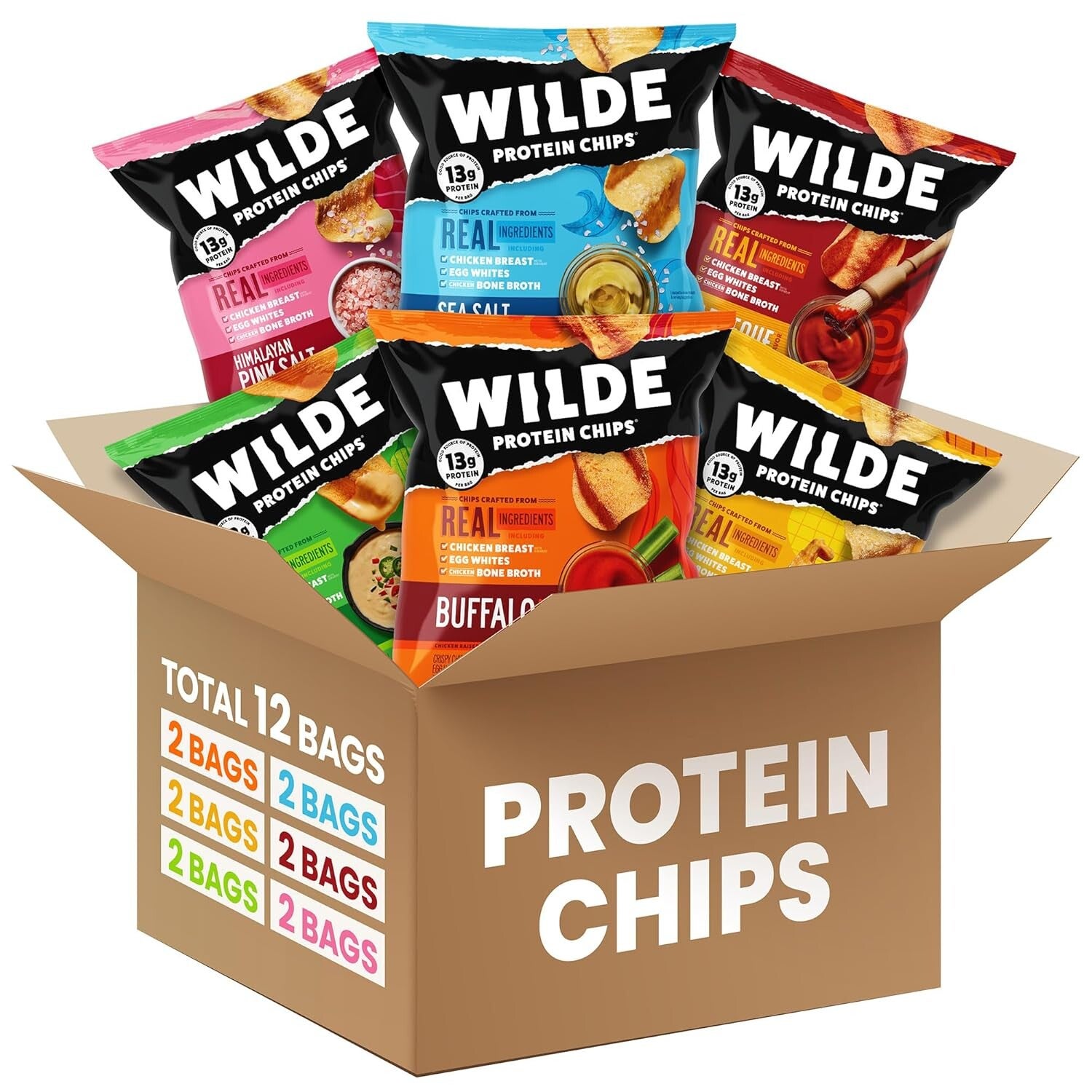 Bag of Wilde Protein Chips in assorted flavors, high-protein chicken-based snack.