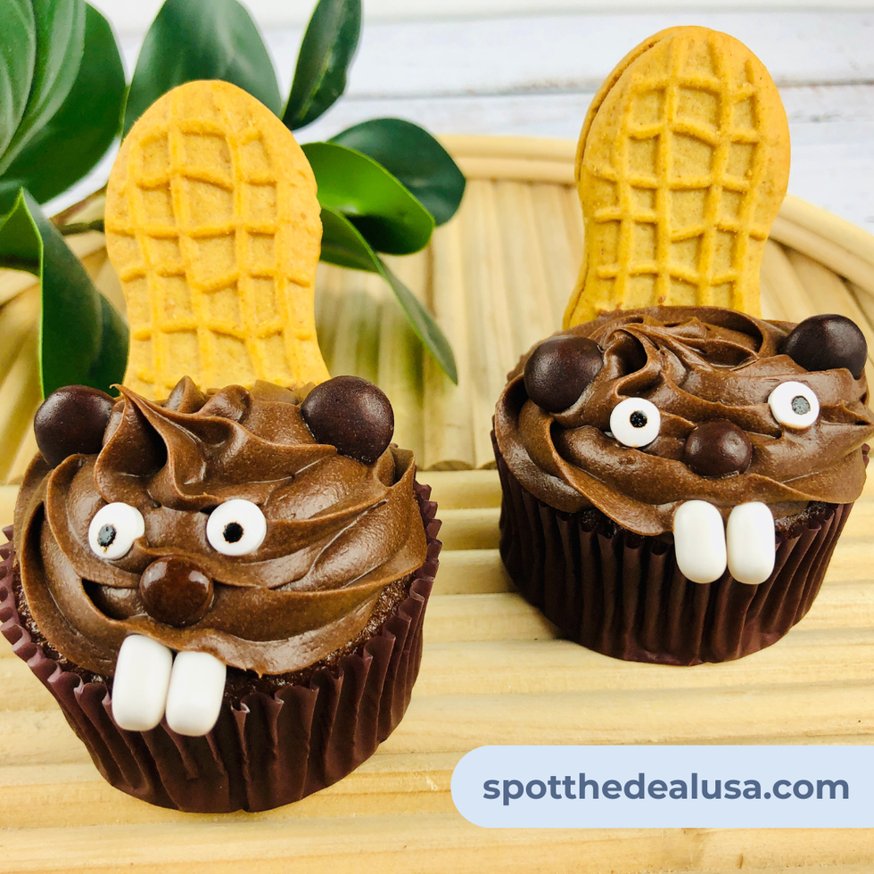 Chocolate frosted cupcake decorated with candy eyes, M&M ears and nose, Tic Tac teeth, and a Nutter Butter cookie tail to resemble a beaver.