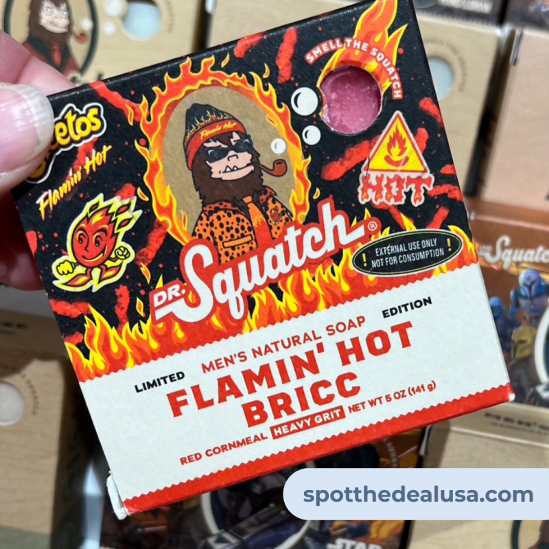 Dr. Squatch x Cheetos Flamin’ Hot soap bar with red packaging, placed next to Flamin’ Hot Cheetos and fiery flames in the background.