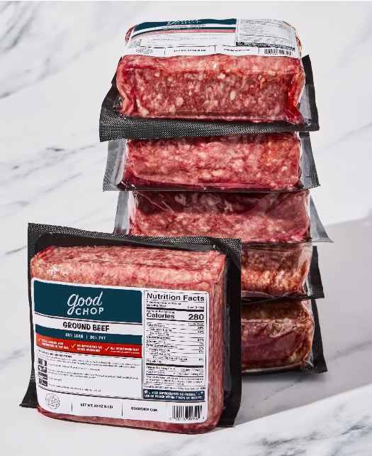 Packages of Good Chop 80/20 ground beef stacked neatly, ready for cooking burgers, meatballs, or tacos.