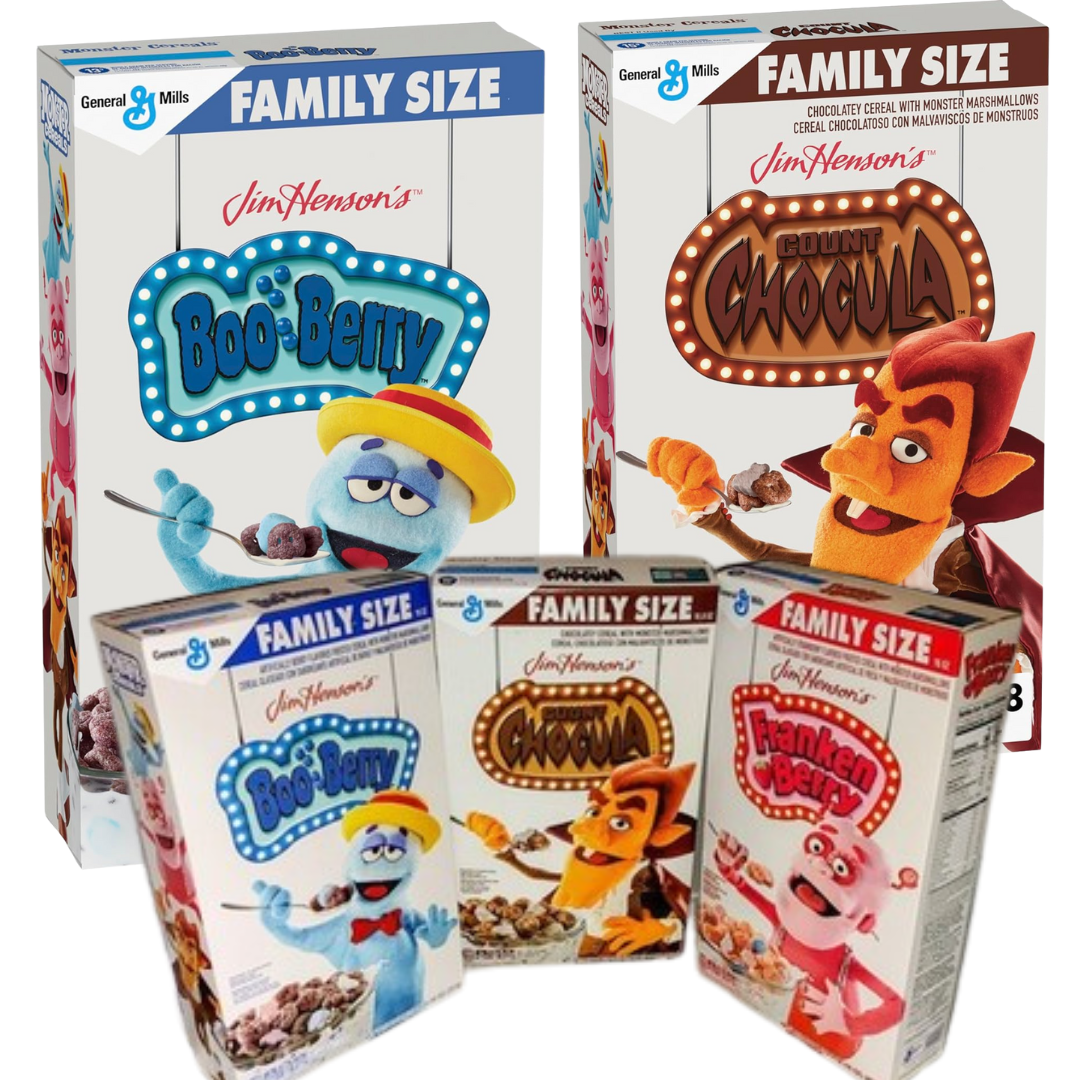 Puppet-style Count Chocula, Boo Berry, and Franken Berry cereal boxes in plush, fuzzy packaging.