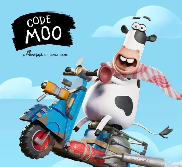 Cartoon-style Chick-fil-A Code Moo logo featuring a cow riding a red moped with a city background.