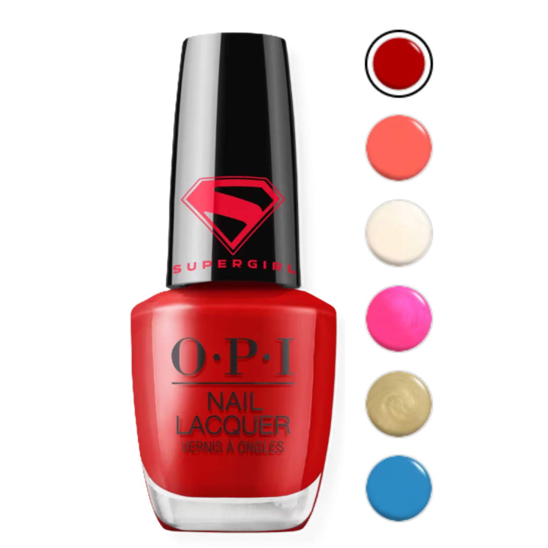 OPI x Supergirl Nail Lacquer collection featuring superhero-inspired nail polish shades including Cape it Real, Power Up Pink, My Kryptonite, Revenge is Chic, and Heat Vision available at Ulta.