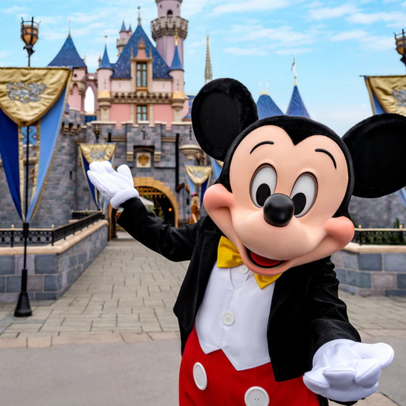 Mickey Mouse standing in front of Cinderella’s Castle at Walt Disney World, waving and smiling, with blue skies above.
