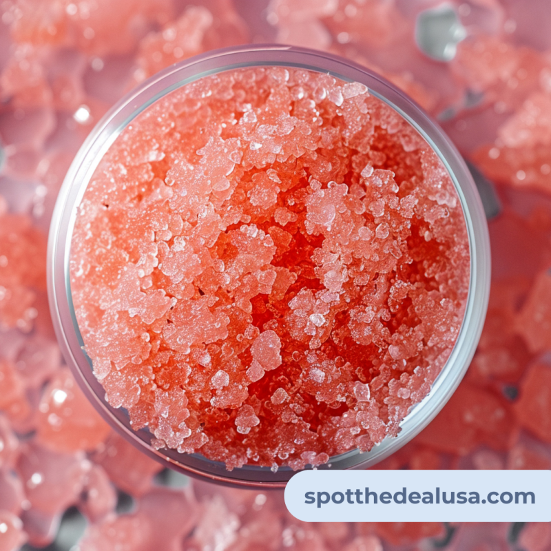 Close-up of a homemade coral-colored lip scrub with large sugar crystals, displayed in a small jar — perfect for exfoliating and gifting.