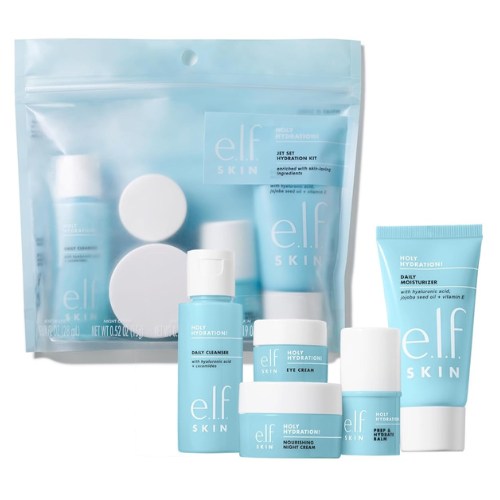 .l.f. SKIN Holy Hydration Jet Set Kit travel-size skincare products including cleanser, moisturizer, eye cream, and booster drops on white background