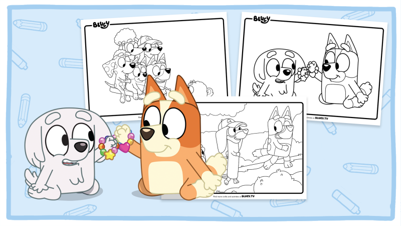 Bingo from Bluey sitting in front of a collage of printable Bluey coloring pages, showcasing various character scenes ready to be colored.