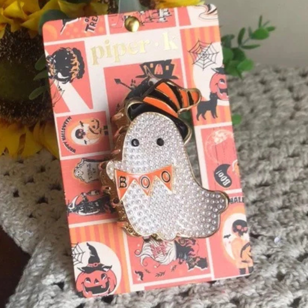 Piper K Halloween Ghost Claw Hair Clip with white ghost design, seasonal hair accessory available at TJ Maxx and on Poshmark.