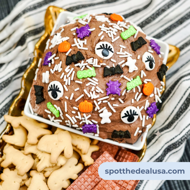 Easy no-bake Halloween dessert dip made with Funfetti cake mix, whipped topping, cream cheese, and milk, perfect for fall parties.