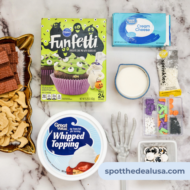 Easy no-bake Halloween dessert dip made with Funfetti cake mix, whipped topping, cream cheese, and milk, perfect for fall parties.