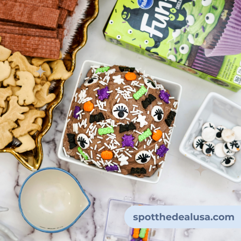 Easy no-bake Halloween dessert dip made with Funfetti cake mix, whipped topping, cream cheese, and milk, perfect for fall parties.