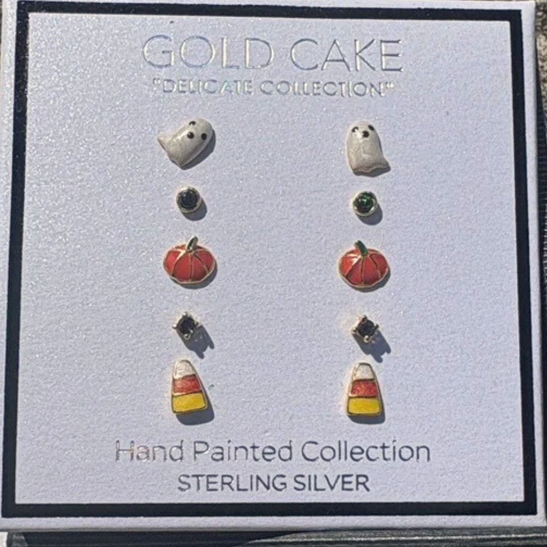Gold Cake Halloween-themed earrings with ghost and pumpkin designs, found at TJ Maxx and available on Poshmark.