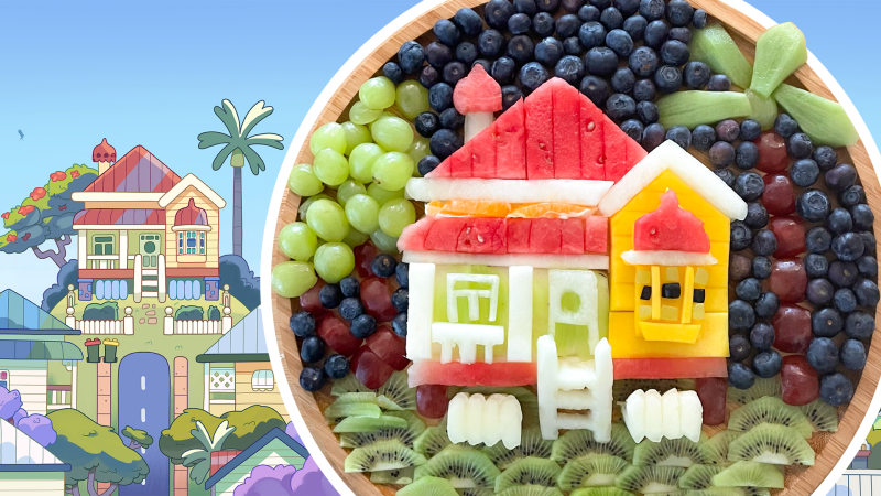 Screenshot of The Heeler House Fruit Art recipe from the Bluey website, showing colorful fruit arranged to look like the Heeler family’s house.