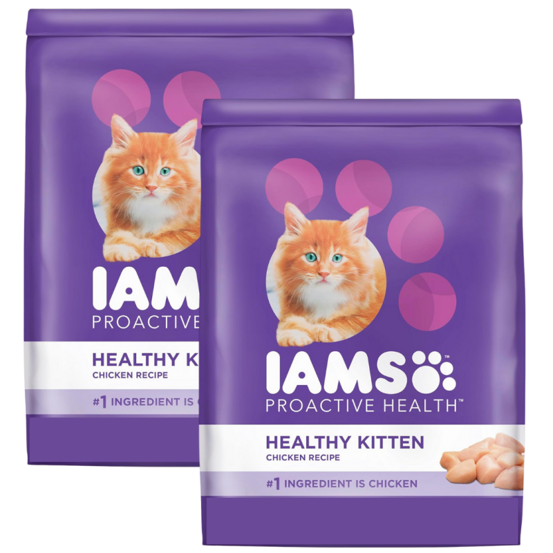 A stock image of the IAMS Kitten Dry Food bag featuring product branding and packaging design.