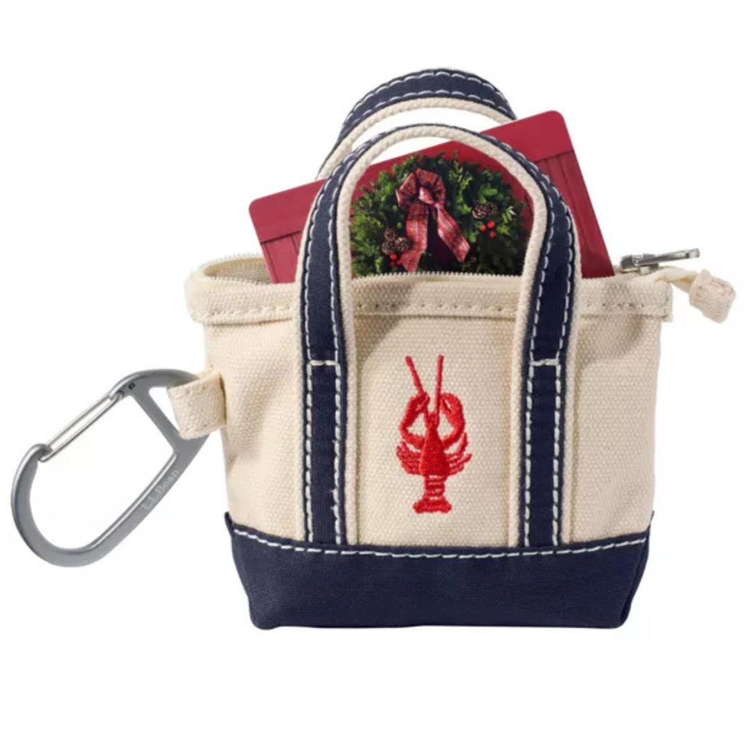 L.L.Bean Embroidered Micro Tote Bag featuring a red lobster embroidery design on durable natural canvas with navy trim, inspired by the iconic L.L.Bean Boat and Tote collection.
