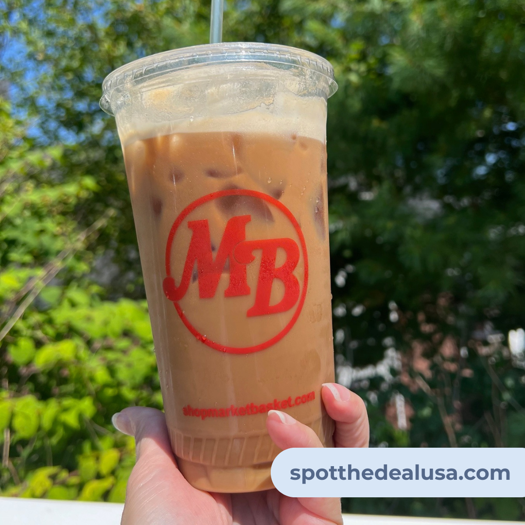 Large 32oz iced caramel latte in a clear plastic cup from the Market Basket Coffee Café