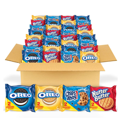 NABISCO snack variety pack with OREO Original, Golden OREO, CHIPS AHOY!, and Nutter Butter cookie packs, great for school lunches and on-the-go snacks.