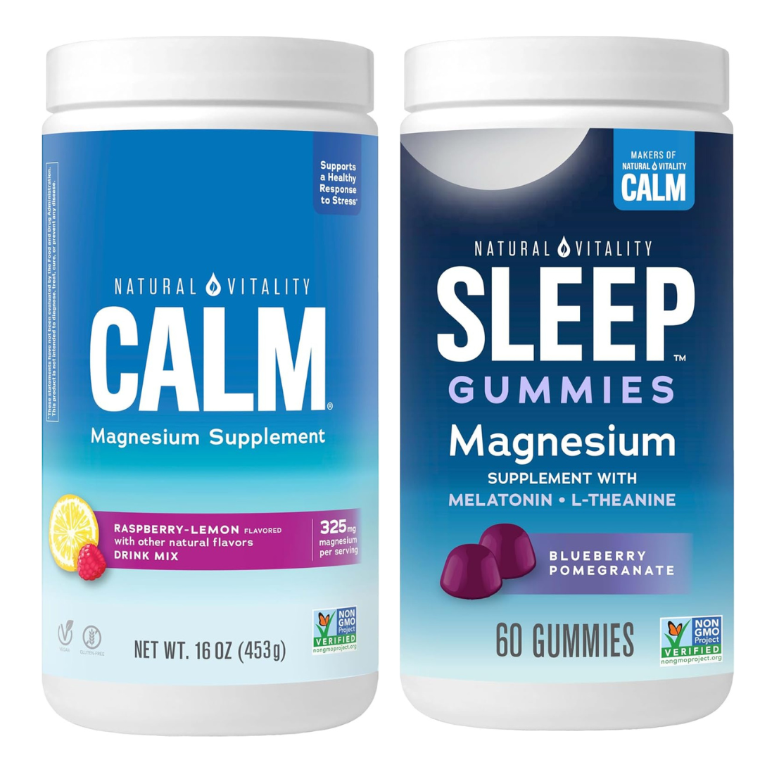 Natural Vitality CALM Magnesium Gummies in Raspberry Lemon flavor and CALM Sleep Gummies in Blueberry Pomegranate flavor, both gluten-free and vegan supplements in colorful packaging