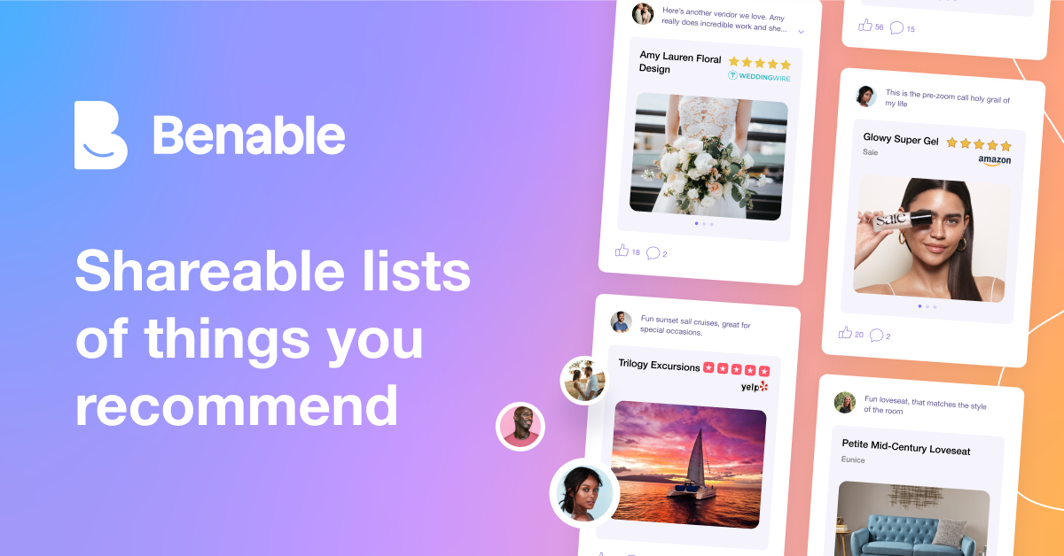 Screenshot of Benable app with product recommendations and shopping links, showing how users earn money from favorite brands.